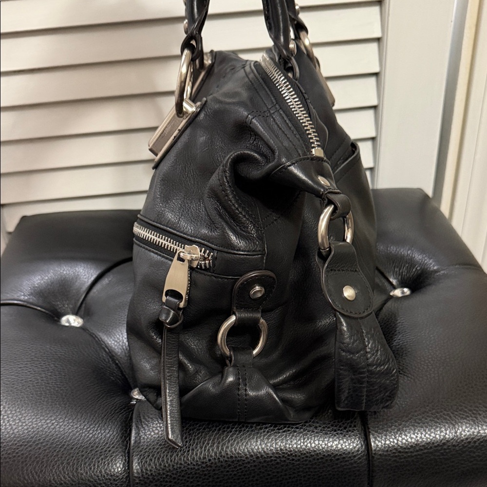 b. makowsky Black Leather Satchel with Silver Accents GUC - Picture 3 of 8